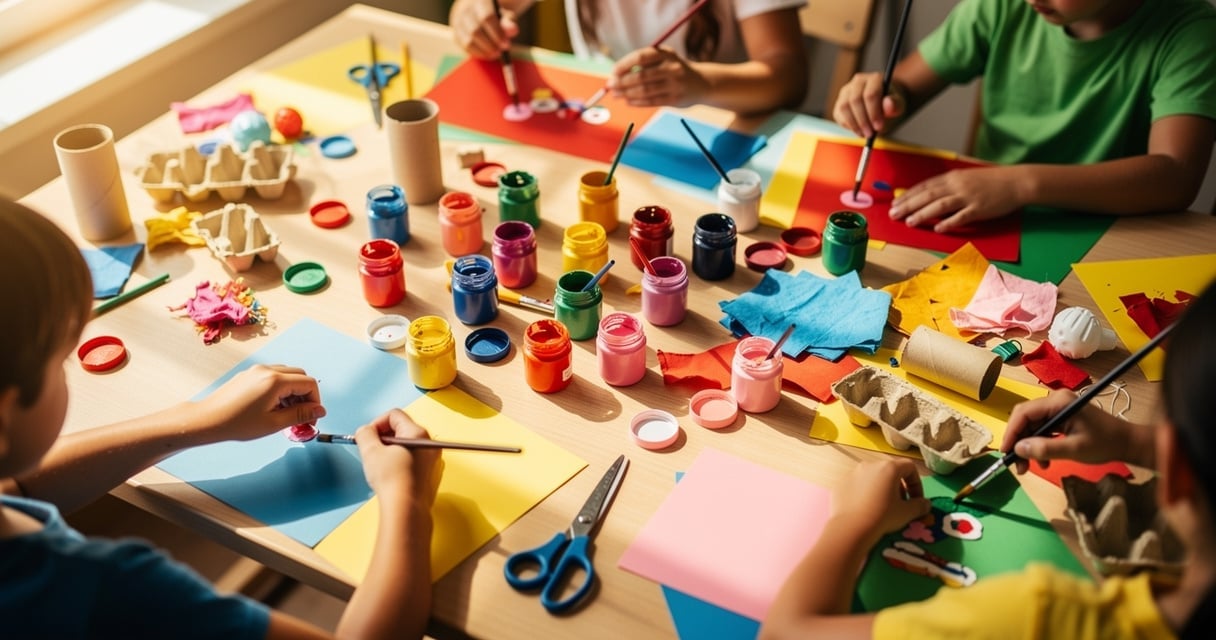 Mains d'enfants travaillant sur un projet créatif avec peinture et matériaux recyclés