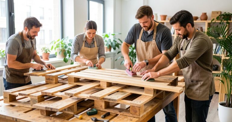 Collègues transformant des palettes en bois lors d'un atelier upcycling en entreprise