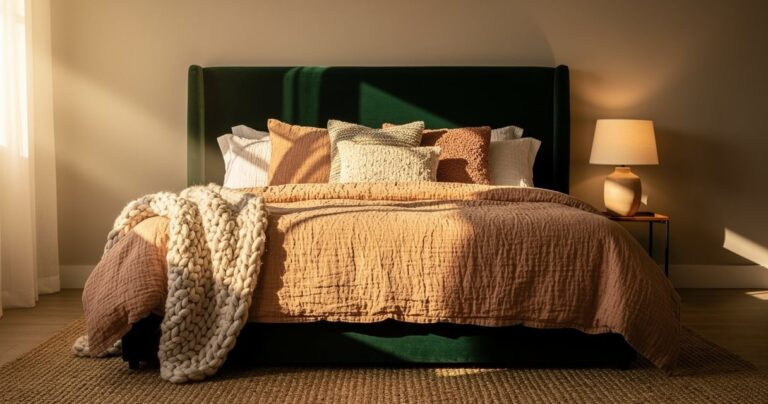 Chambre cosy avec tête de lit en velours vert, plaid en grosse maille et lumière chaude
