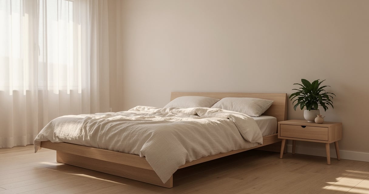 Chambre minimaliste avec lit en bois clair et linge de lit en lin blanc
