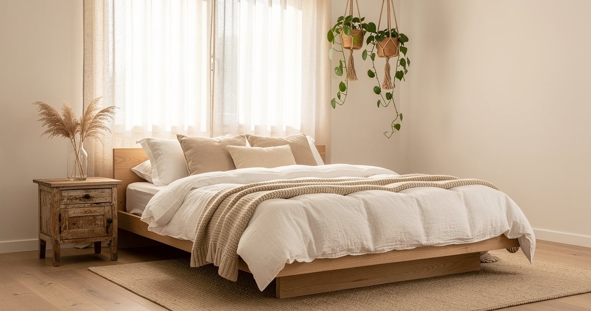 Chambre zero dechet avec literie en lin, lit en bois massif et plantes vertes