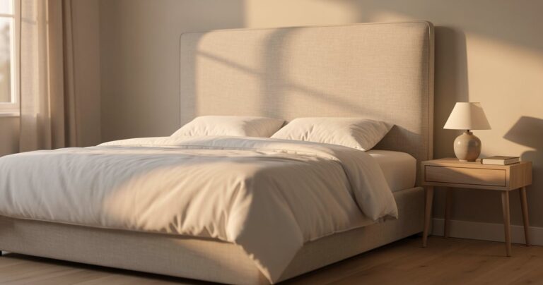 Tête de lit en tissu beige dans une chambre lumineuse au style scandinave