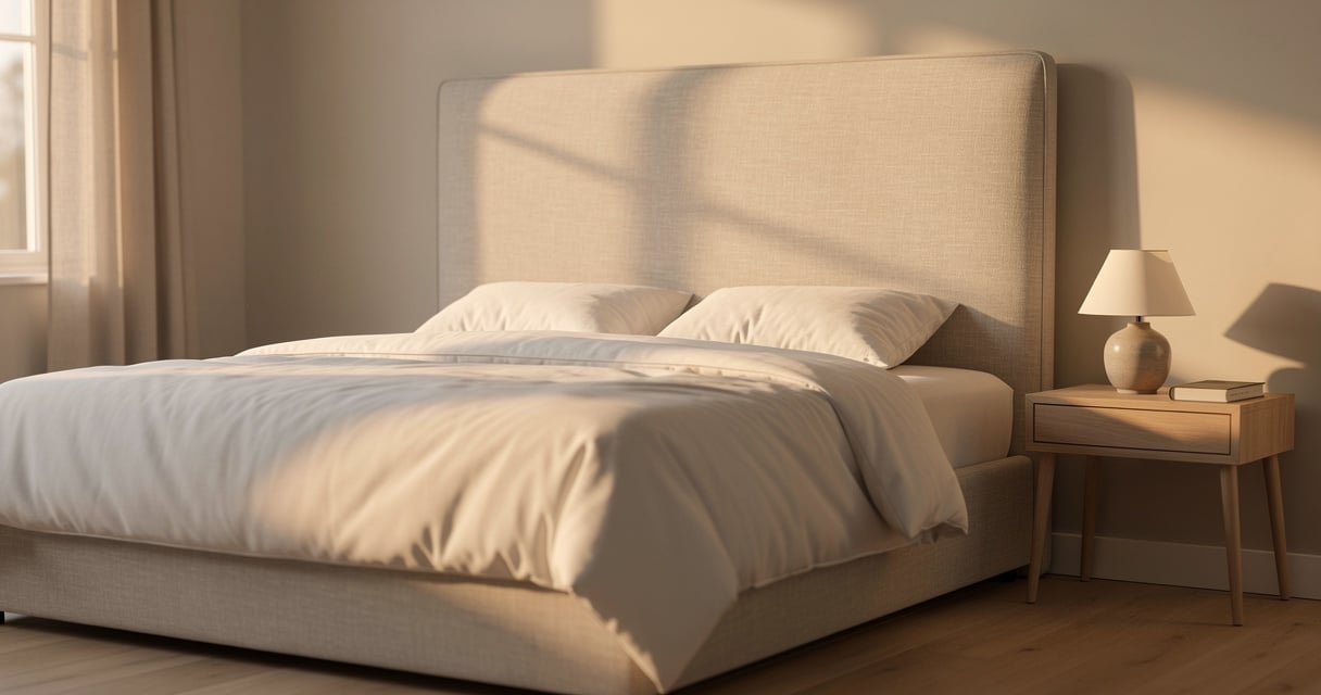 Tête de lit en tissu beige dans une chambre lumineuse au style scandinave