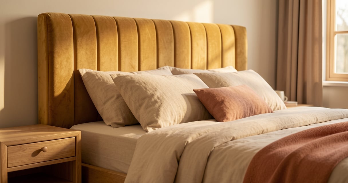 Tete de lit capitonnee faite maison en velours ocre dans une chambre lumineuse
