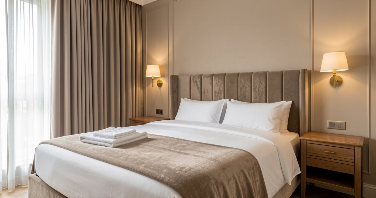 Chambre dans un style hôtel de luxe aux tons neutres avec tête de lit en velours