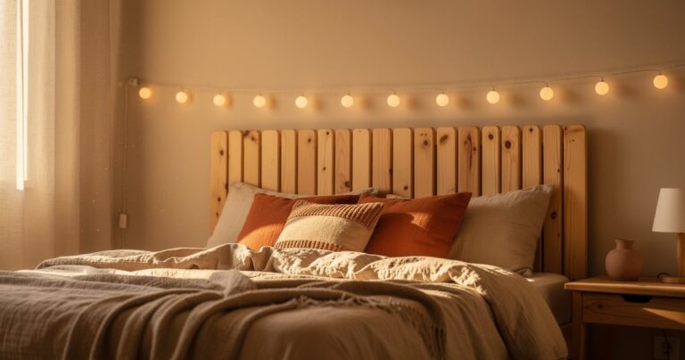 Chambre DIY avec tête de lit en tasseaux de bois clair et éclairage doux