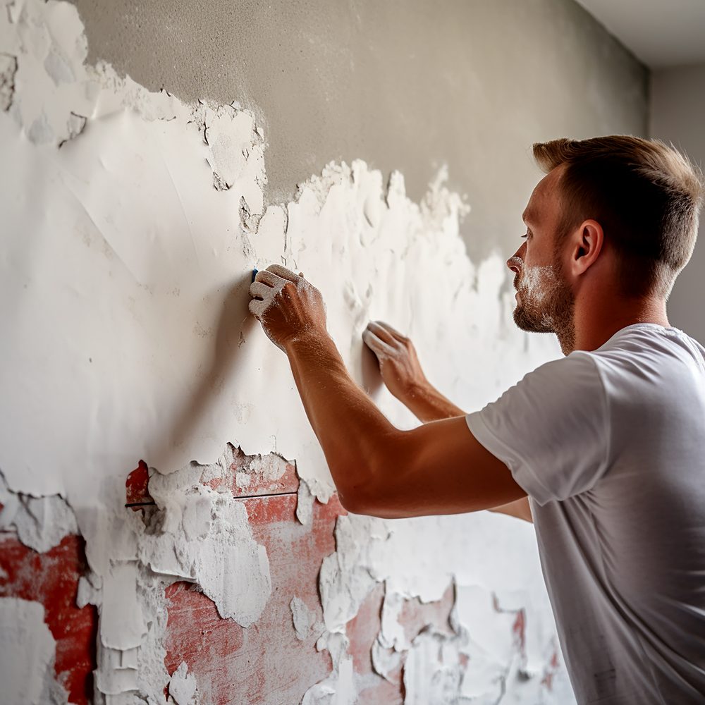 Personne examinant une fissure dans le mur d’un salon ancien avant de la reboucher.