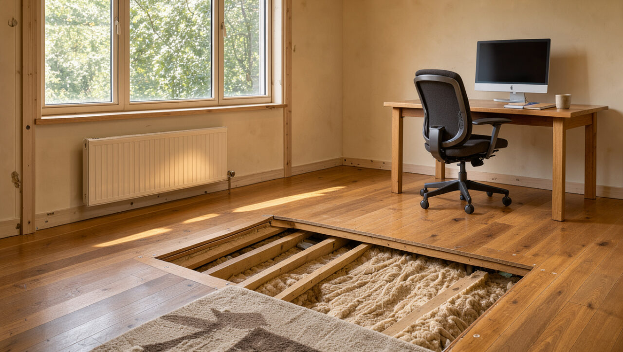Garage transformé en bureau confortable avec une isolation visible sous le plancher en bois.