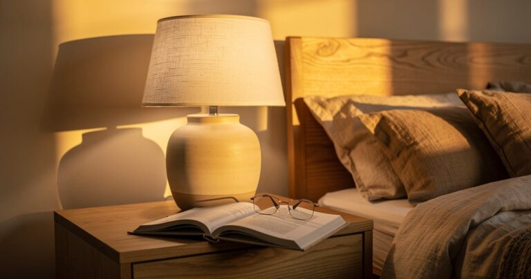 Lampe de chevet en céramique allumée sur une table de nuit en bois dans une chambre cosy