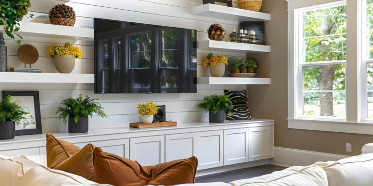 Mural meuble TV avec rangements intégrés dans un salon moderne et bien organisé.