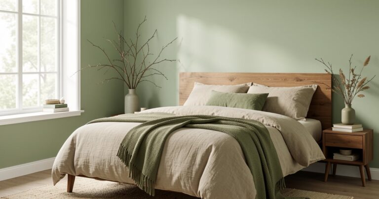 Chambre adulte peinte en vert sauge avec tete de lit en bois et linge de lit en lin