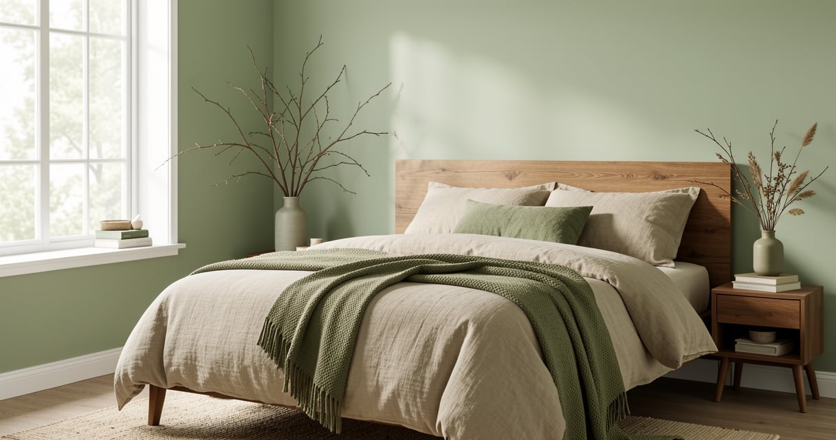 Chambre adulte peinte en vert sauge avec tete de lit en bois et linge de lit en lin