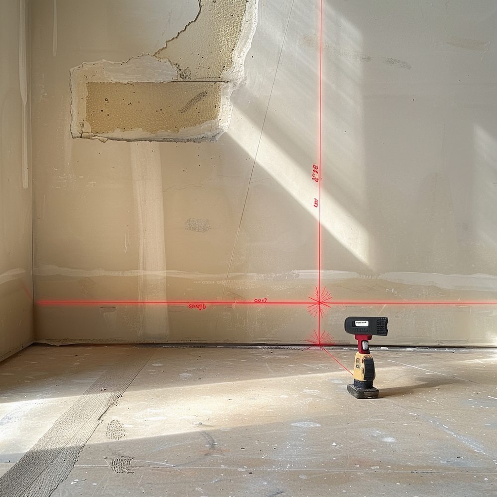 Zone de sol irrégulière après l’abattage d’une cloison, préparée avec des outils et un enduit de nivellement.