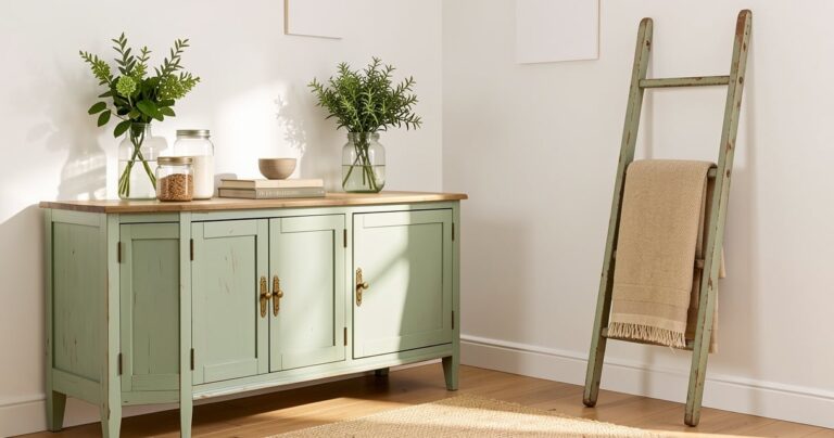 Salon decore avec des meubles de recuperation repeints en vert sauge et des bocaux en verre