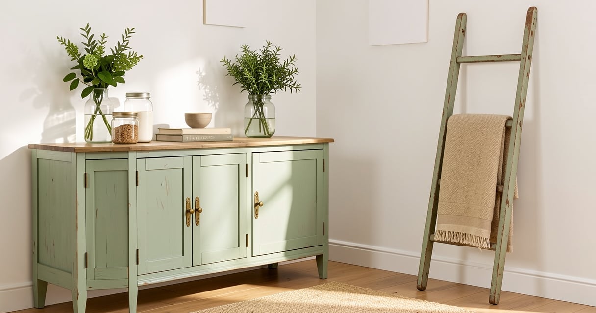 Salon decore avec des meubles de recuperation repeints en vert sauge et des bocaux en verre