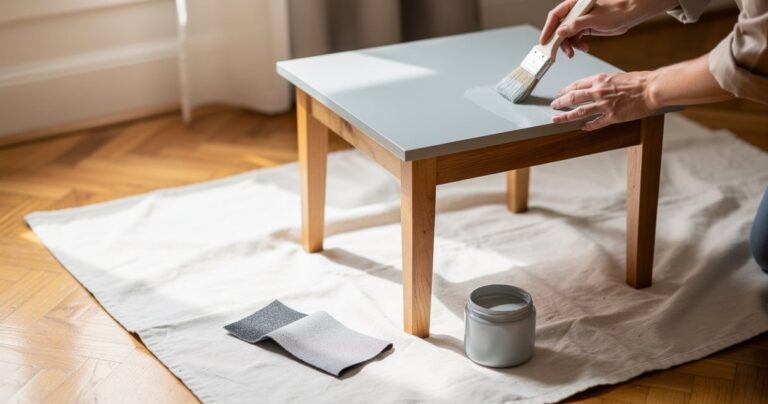 Personne en train de peindre une petite table de chevet en bois avec un pinceau et de la peinture grise