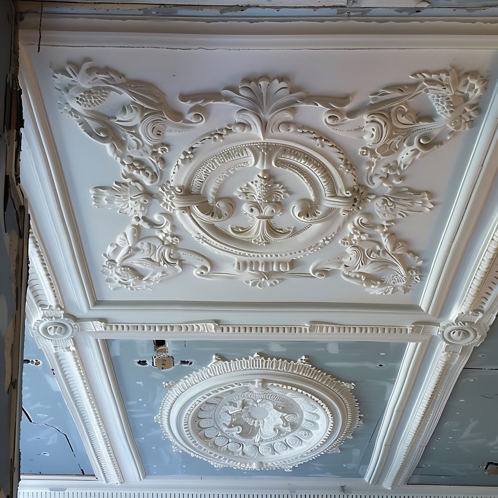 Détail d’un plafond ancien en cours de rénovation, avec ses moulures décoratives préservées et nettoyées.