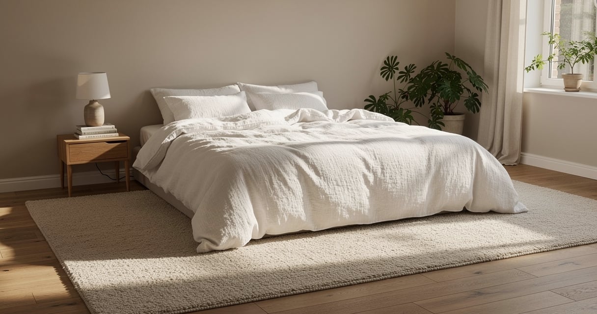 Grand tapis beige en laine posé sous un lit double dans une chambre lumineuse
