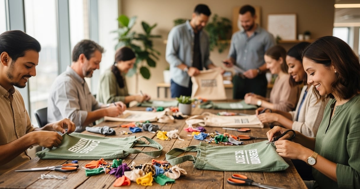 Equipe en entreprise participant a un atelier upcycling sur une grande table en bois