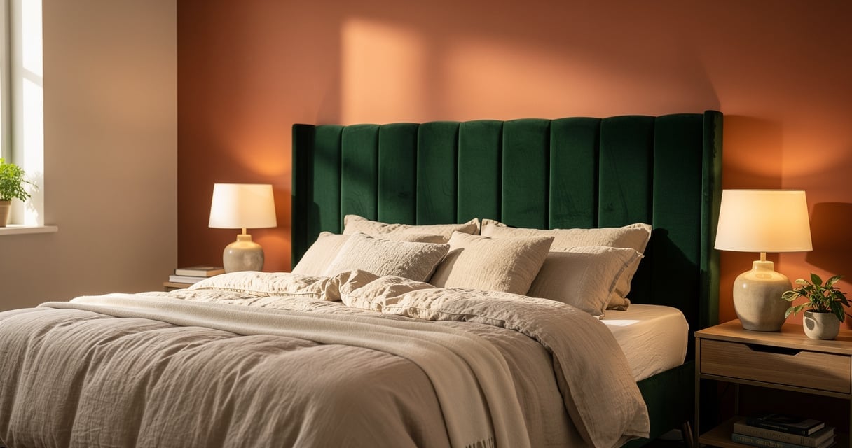 Chambre adulte avec tête de lit 160 capitonnée en velours vert et linge de lit en lin beige