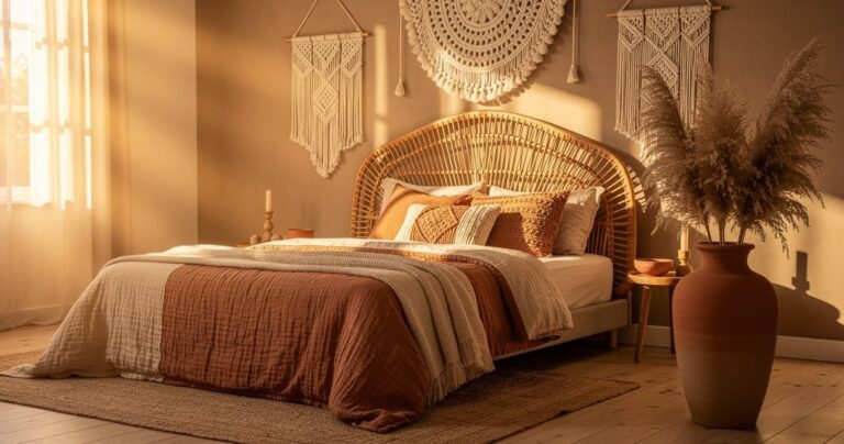 Tête de lit bohème en rotin dans une chambre aux tons terracotta et beige