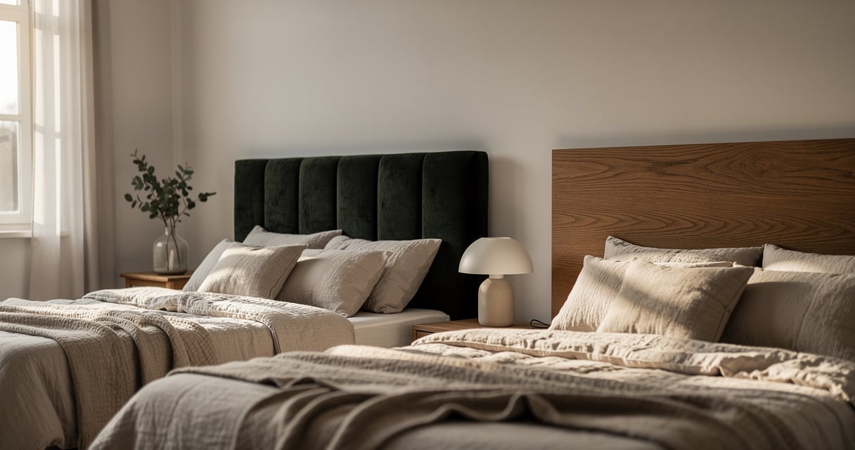Comparaison entre une tête de lit capitonnée en velours et une tête de lit en chêne dans une chambre moderne