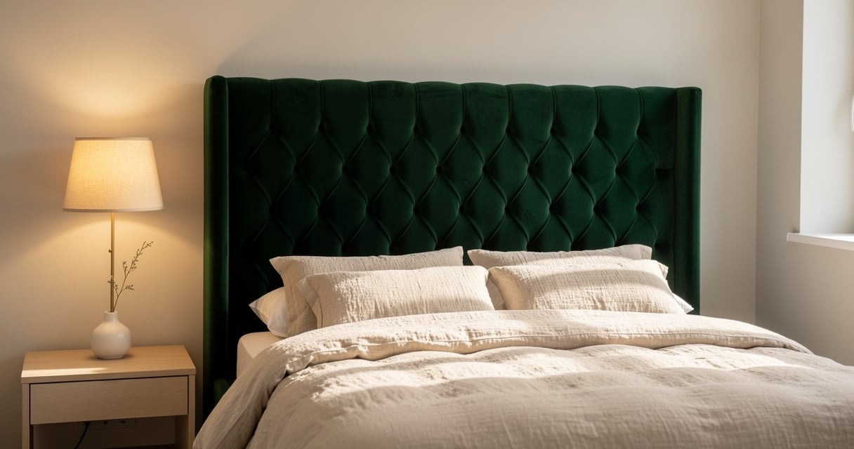 Tête de lit capitonnée en velours vert avec capitonnage en losange dans une chambre élégante