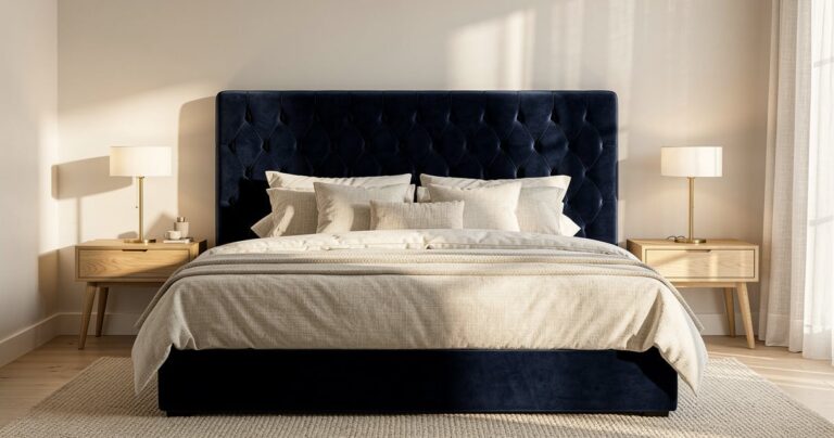 Tête de lit king size 200 cm capitonnée en velours bleu dans une chambre élégante