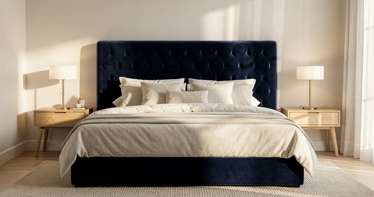 Tête de lit king size 200 cm capitonnée en velours bleu dans une chambre élégante