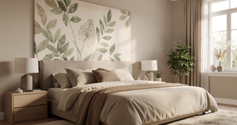 Tête de lit personnalisée imprimée au-dessus d'un lit dans une chambre lumineuse