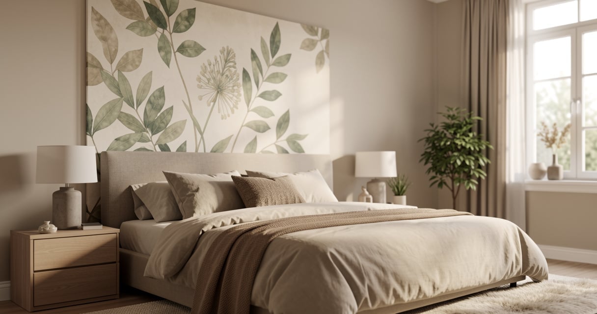 Tête de lit personnalisée imprimée au-dessus d'un lit dans une chambre lumineuse