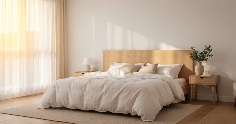 Chambre scandinave avec tête de lit en bois clair et linge de lit en lin blanc