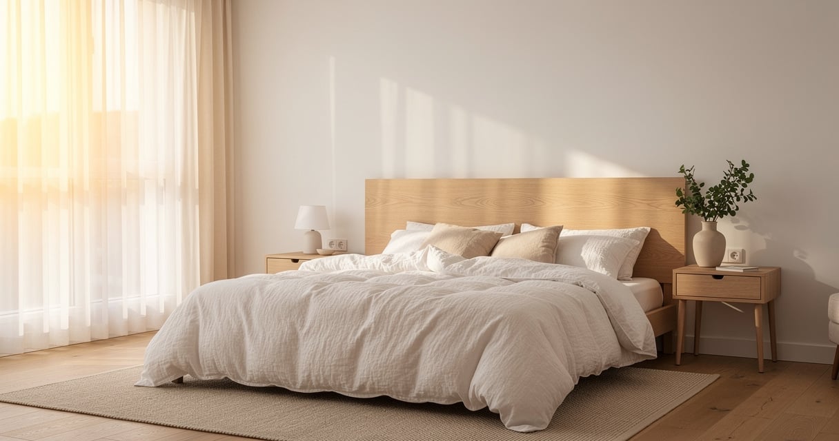 Chambre scandinave avec tête de lit en bois clair et linge de lit en lin blanc