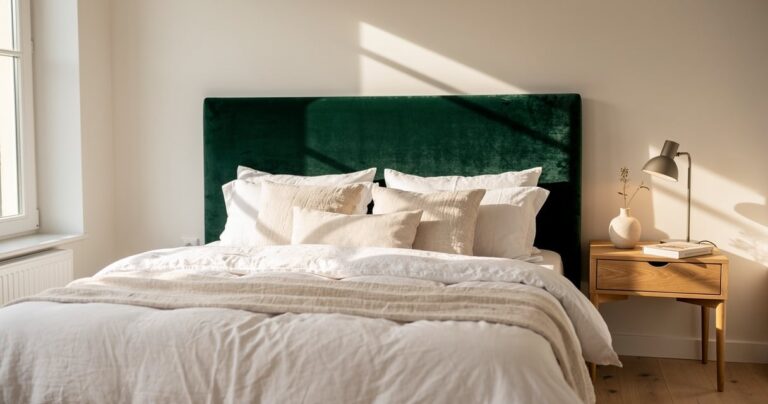 Tête de lit en velours vert émeraude dans une chambre élégante baignée de lumière naturelle