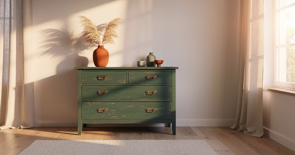 Salon avec commode upcyclée repeinte en vert sauge tendance décoration 2026