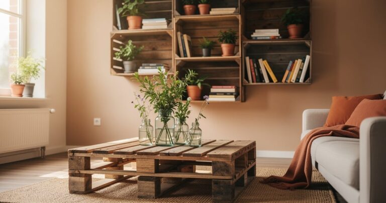 Salon contemporain avec une table basse en palette de bois upcyclée et étagère en caisse de vin