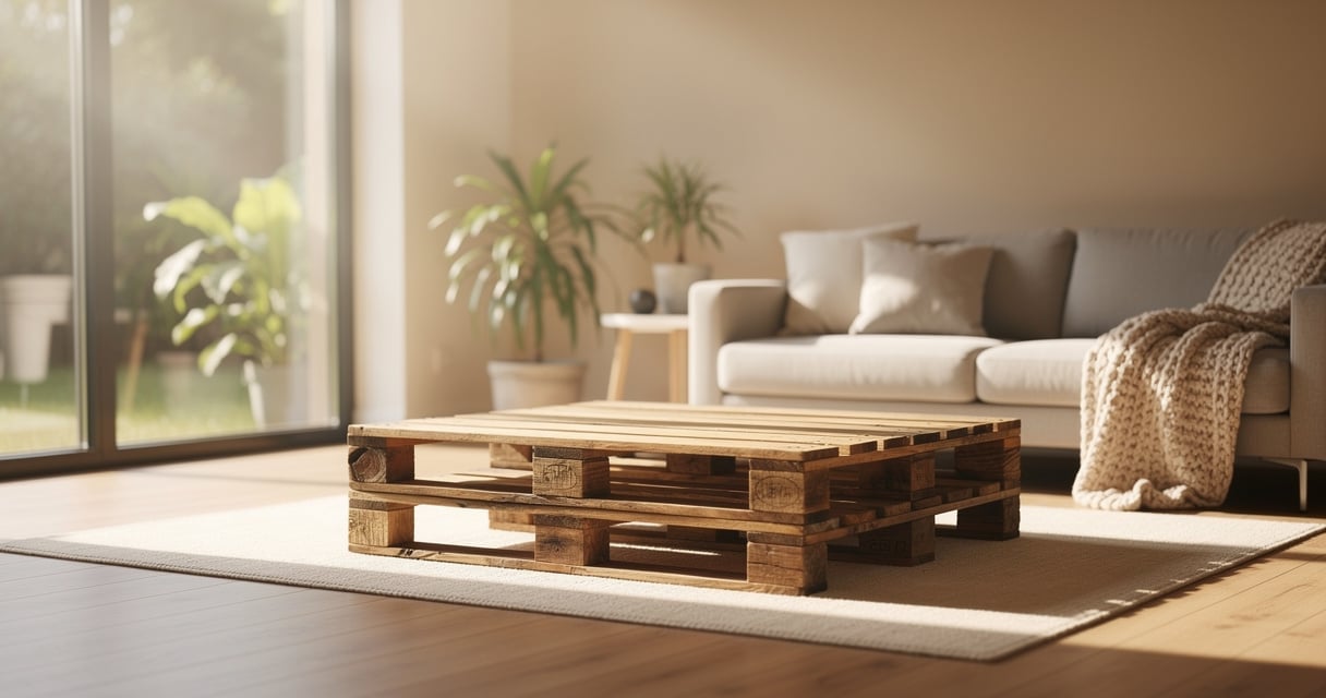Table basse en palette dans un salon lumineux et minimaliste