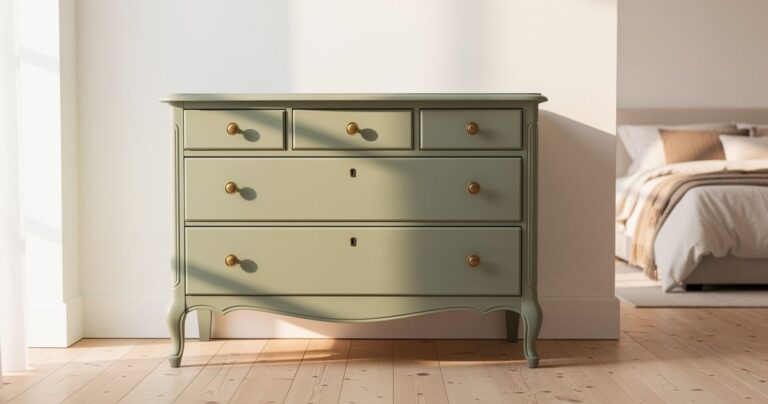 Commode ancienne relookée en vert sauge avec poignées en laiton dans une chambre lumineuse
