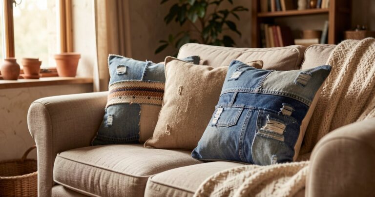 Coussins decoratifs faits a partir de vieux textiles recycles sur un canape